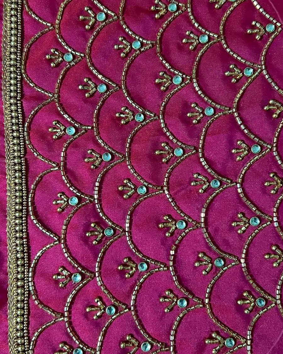 Scallop aari work with gold cut beads and blue stones on pink silk blouse, party wear, Aari Petals by Nitha