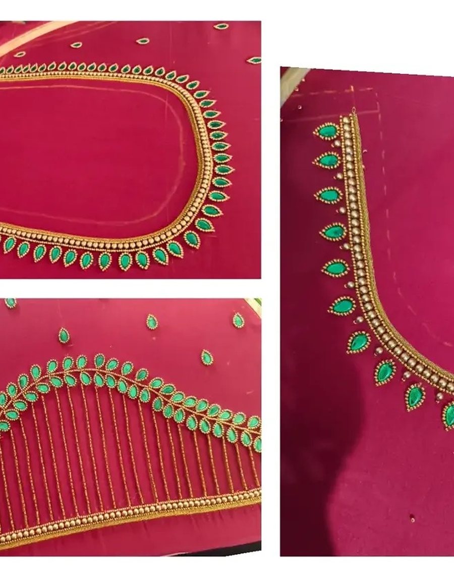 Red silk blouse with green stone leaf and gold bead neckline and sleeve aari work, Coimbatore